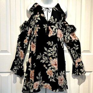 Guess Black with Floral Print Ruffled Cold Shoulder Long Sleeve Mini Dress SZ S